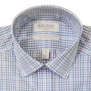 Gold Label Slim Fit Poplin Fitted L/S Dress Shirt 14.5 33 Blue Pink